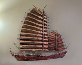 Vintage 1970’s CURTIS JERE Brass Chinese Junk Boat~ Wall Hanging Sculpture ~SIGNED