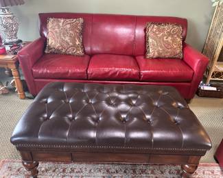 Red Leather Sofa, Over-Sized Leather & Wood Tufted Ottoman 