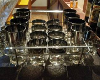32 piece Set of Silver Fade Glassware - 8 each of Shot Glasses, DOF glasses and High Ball glasses with Chrome Holder. In Excellent Condition