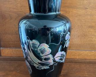 FENTON BLACK AMETHYST  VASE HAND PAINTED FLOWERS IN SILVER  RARE SGN D GEMEL