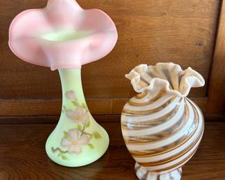 Fenton Burmese Vaseline Jack In The Pulpit Handpainted Signed Vase, Vintage Fenton Cameo Opalescent Spiral Optic Vase