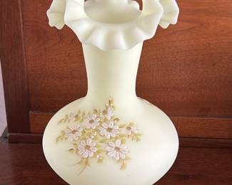 Fenton Large Custard Glass Ruffled Edge Coraline  Flowers Hand Painted Vase