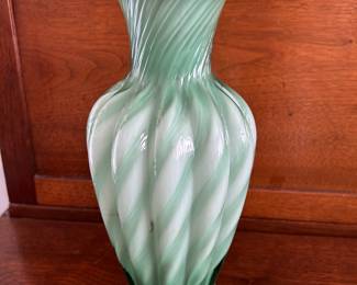 Fenton Art Glass 11" Melon Vase Heritage Green Opalescent Overlay Spiral Melon Vase