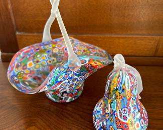 Murano Millefiori Italy Art Glass Handled Basket Clear Satin Hearts Stars Clover