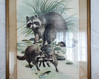 Amundsen Framed Mother and Baby Racoons Chasing Frog