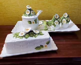 Lefton Rustic Daisy Tray, Butter Dish, Salt/Pepper and Jam Pot