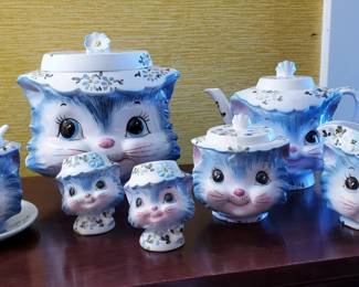 Vintage LEFTON Miss Priss Blue Kitty Cat Ceramic Cookie Jar, Tea Pot, Cream/Sugar, Salt/Pepper & Jam Jar