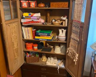 Antique Hutch, Sewing Notions, Quilts
