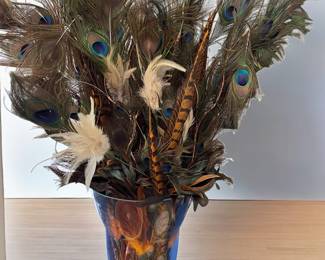 Glass Vase, peacock and miscellaneous feathers