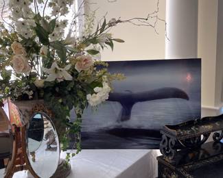 Flower Arrangement in Resin Urn, Signed Wyland Whales Tale