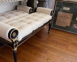 Caned bench with muslin cushion
