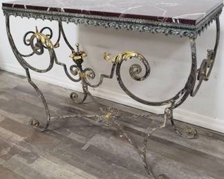 Lot # : 6 - Antique wrought iron console table with marble top. 