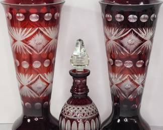 Lot # : 188 - Monumental Bohemian Czech red cut to clear vases
