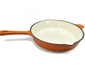 Lot # : 510a - Large orange enameled cast iron pan, 12” diam.