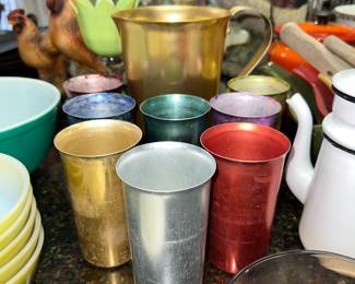 Vintage Mid Century Multi Colored aluminum Sunburst Drink set