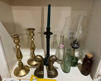 Brass candle sticks, Brass duck bookends, Vintage Bottles