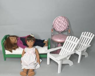 American Girl Dolls With Adirondack Chairs, Salon Chair, Bed And Clothing
