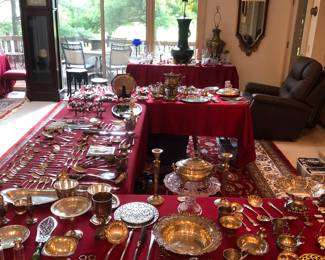 3 tables of fine antique sterling silver and silver plate