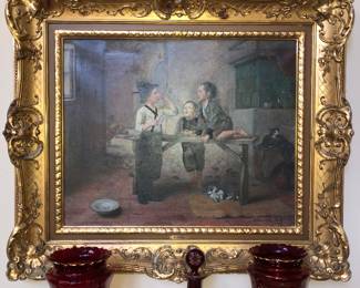 Oil on canvas by Edmund Adler, antique lusters, Bohemian & Vaseline or uranium glass