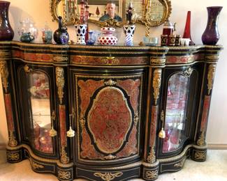 Boule serpentine front 3 door cabinet: Descended in this fine old Cleveland family since the 19th c. A rare “Cleveland Millionaire’s Row” survivor!