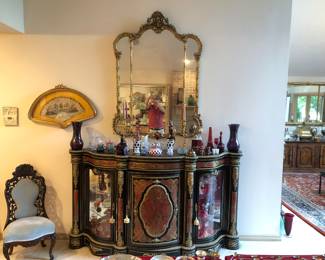 Boule bow front 3 door cabinet with serpentine sides: Descended in this fine old Cleveland family since the 19th c. A rare Cleveland “Millionaire’s Row” survivor! Also Antique Victorian hand blown glassware with many pieces of cranberry glass.