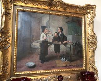 Fine Oil on canvas by Edmund Adler, Germany, notice the 2 cats on right.