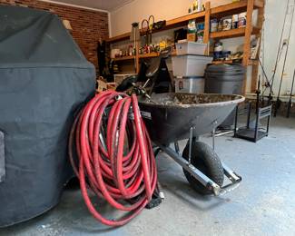 Wheelbarrow, water hoses