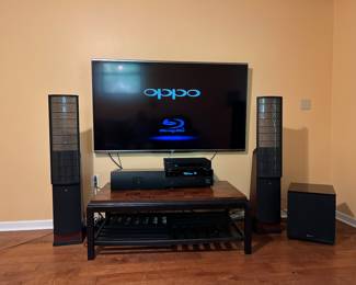 70" Sharp Aquas 3D /1080P TV plus 8 pairs of 3D glasses coffee table, Logan Martin EM-C2 Floor Speakers, Logan Martin Surround sound system 3 speakers total (not shown), Yamaha RXA820 Receiver, B/C Venturi VK-12 Subwoofer, OPPO Blue Ray #D Player