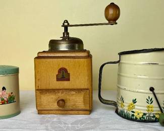 Lot 68- Vintage Armin Trosser Wooden Coffee Grinder/Mill, Vintage Flour Sifter and Vintage Nesco Kitchen Shaker