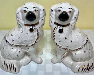 Lot 4- Vintage Pair of Ceramic Straffordshire White King Charles Spaniel Mantle Dogs 9"