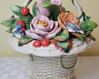 Lot 1 - Fitz & Floyd Cookie Jar Old World Rabbits Flower Basket 12" H x 10" W