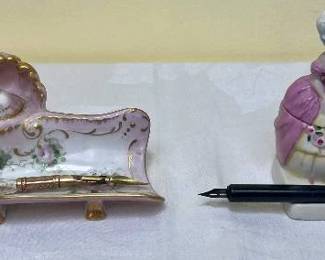Lot 19 -Antique Dresden Porcelain Inkwell Stand with Inkpot & Pen and Victorian Lady Inkpot with Pen