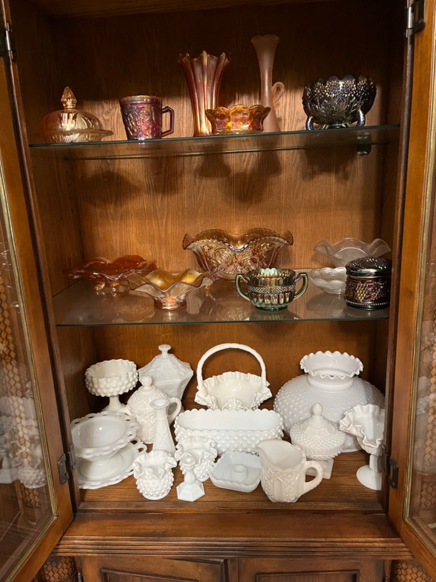 Carnival and milk glass.