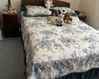 Five piece mahogany bedroom set includes headboard, footboard, two night stands, dresser with six drawers and armoir