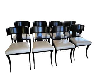 $18,000 USD     Set of 8 Michael Taylor Steel Klismos Curved Back Onyx Chairs B239-07    Dramatic set of four bronzed metal klismos patio and garden chairs designed by Michael Taylor model # MTD-1006 garden chair. The chairs are crafted from cast Steel and feature the iconic klismos design with elegant saber legs and gracefully curved tablet backs. The lattice seats measure 17 inches high without seat cushions. Finished with an onyx finish having an intentionally aged patina on the finish. Each chair has a fitted cream Leather seat cushion. 

Dimensions: 20 x 29 x 35H in. |  Seat: 17H in

Condition: New. Privately owned but never used. 

Location: Local pick up Lake Oswego, OR 97034.  Shipping suggestions available upon request.      https://goodbyhello.com/products/new-los-gallos-custom-trestle-table-239-06-copy?_pos=12&_sid=f4ac17e30&_ss=r