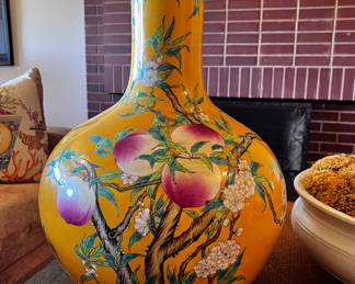 $750 USD     Chinese Porcelain Nine-Peach Juane Vase B239-16     Bottle-shaped and enameled on yellow-orange ground with peach fruits, blossoms, and leaves growing from two branches of different shades. Blue character seal on base. 

Dimensions: 15.5 x 22H in

Condition: Good condition. Used for a decorative piece. 

Location: Local pick up Lake Oswego, OR. Shipping suggestions available upon request.     https://goodbyhello.com/products/la-love-child-original-art-239-15-copy?_pos=3&_sid=f4ac17e30&_ss=r