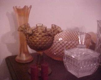 Carnival and pink depression glass.