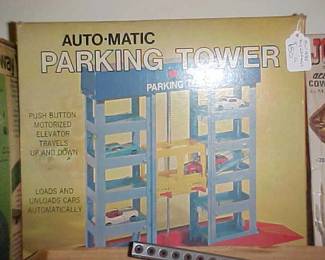 Close-up of vintage toy matchbox scale parking tower.