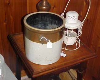Crock, Lantern, and end table.