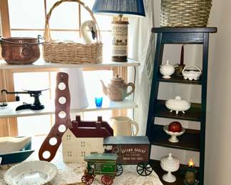 Modern Folk Art and vintage decor (some SOLD), wooden display stand (SOLD), milk glass hobnail glassware 