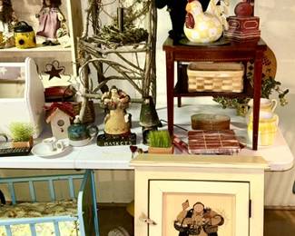Vintage doll crib, willow chair, step back side table, farm house decor, wall cabinet (some items SOLD)