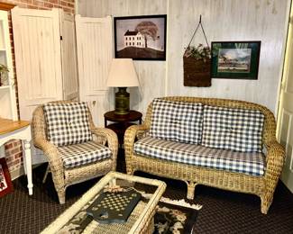 Hinged screen, woven chair/loveseat, artwork, vintage lamp and sidetable