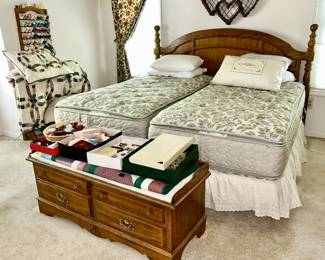 King size bed/headboard w/ 2 twin mattresses, Cedar chest, quilt rack, thread holder