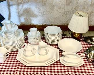 Ironstone dinnerware, stainless steel serving ware, lamps