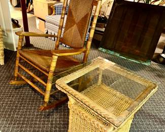 Vintage rocking chair, woven side table w/ glass top