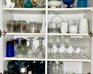 Collectible glassware, stems, milk glass hobnail dishware, blue hobnail and pressed glass (some SOLD)