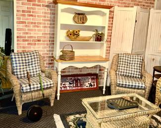Woven chairs with blue/white checked cushions, coffee table, 2 piece display stand/hutch (SOLD)