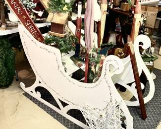 Large wooden sleigh, Santa's and Christmas decor