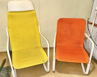 Vintage Mid Century Modern Lloyd Loom patio chairs, one high back and one standard