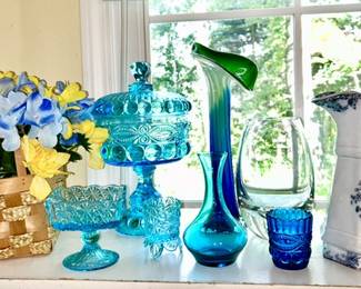 Collectible glassware (some SOLD), Ironstone pitcher w/ blue design 